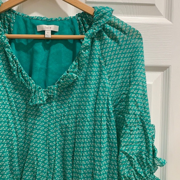 Joie Zaida Ruffle Silk Turquoise Green Pattern Top - Picture 6 of 13